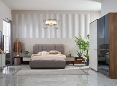 Bedroom Complete Set 5-piece Double Bed Brown Wood Bed Bed Frame
